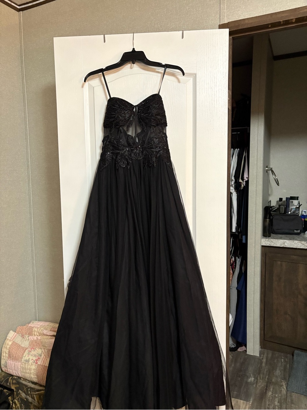Black Beaded Strapless Evening Gown
